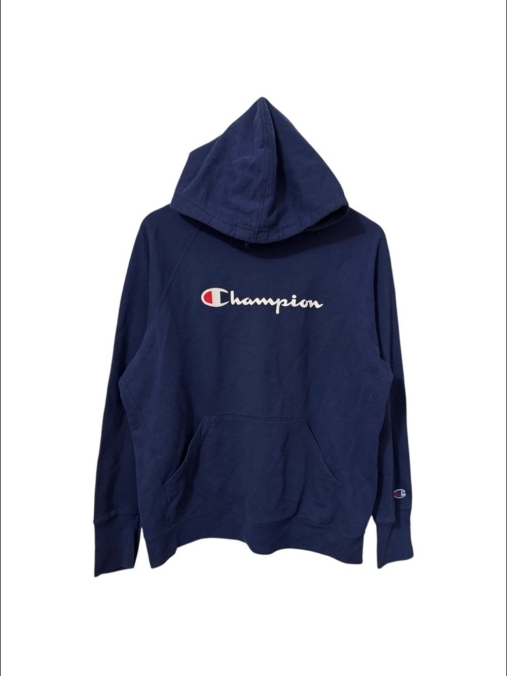 Champion Navy Blue Hoodie Women’s Size XL Script Spell Out Logo Across Chest